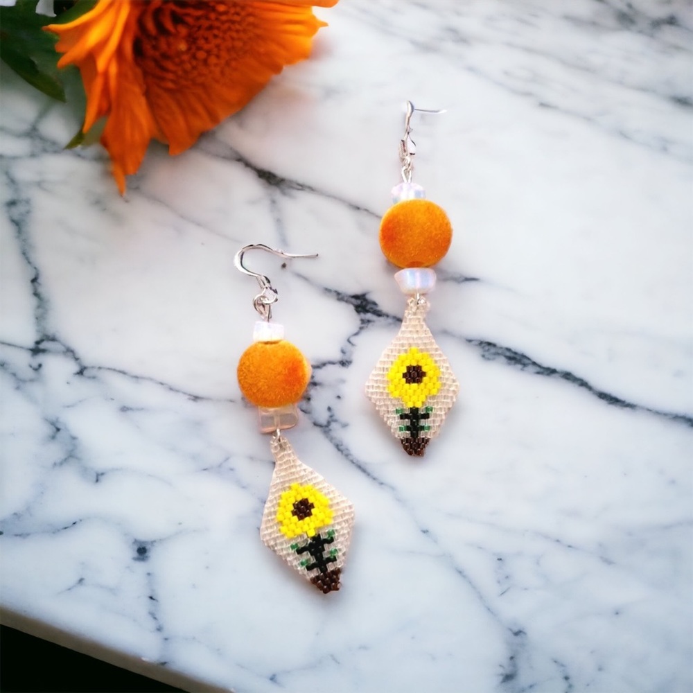 Daisy Opal Earrings Dangle Artisan Seed Bead Stone